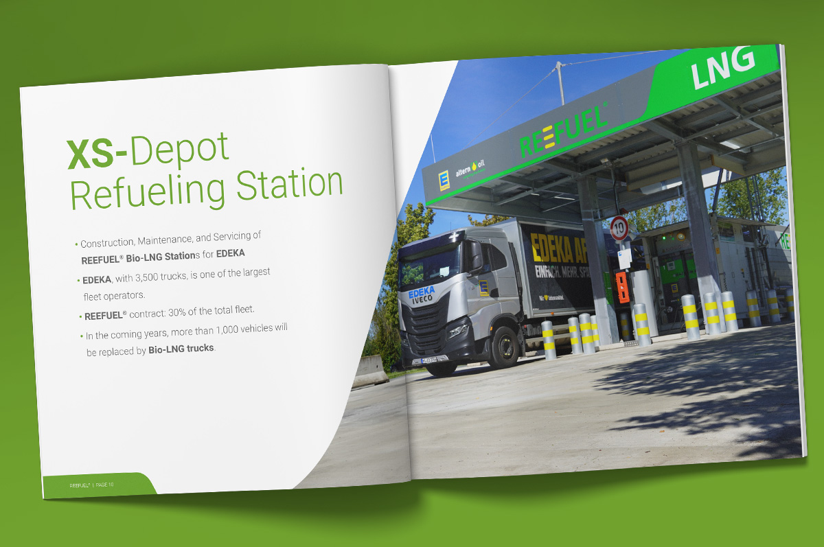 Es ist ein Doppelinnenseiter der Alternoil-Broschüre mit der Abbildung einer Tankstelle
